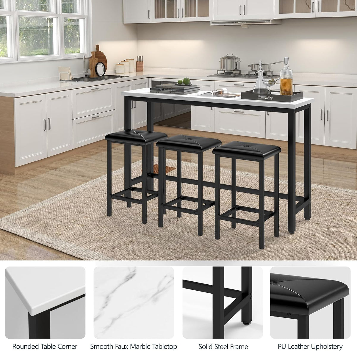 HUGROVE 4-Piece Bar Table and Chairs Set with 3 PU Upholstered Bar Stools, 60.2" Faux Marble Table Top, Modern Counter Height Table for Kitchen, Living Room, Party Room, Small Space, Pub (Black)