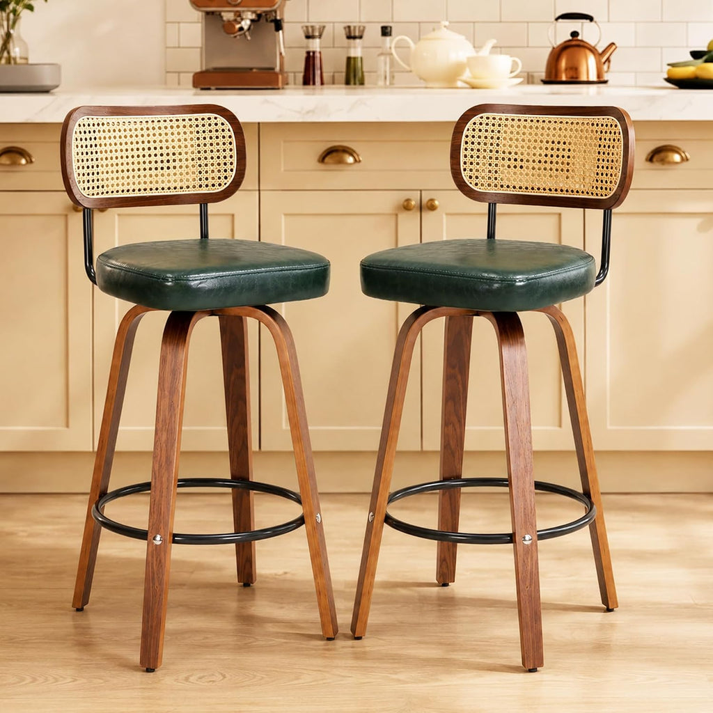 Rattan Bar Stools Set of 2,Upholstered PU Leather, 30''Counter Height Barstools with Back and Wood Legs,360°Swivel,Mid-Century Modern Bar Stool for Kitchen Island Dining Room and Bar(Vintage Green)