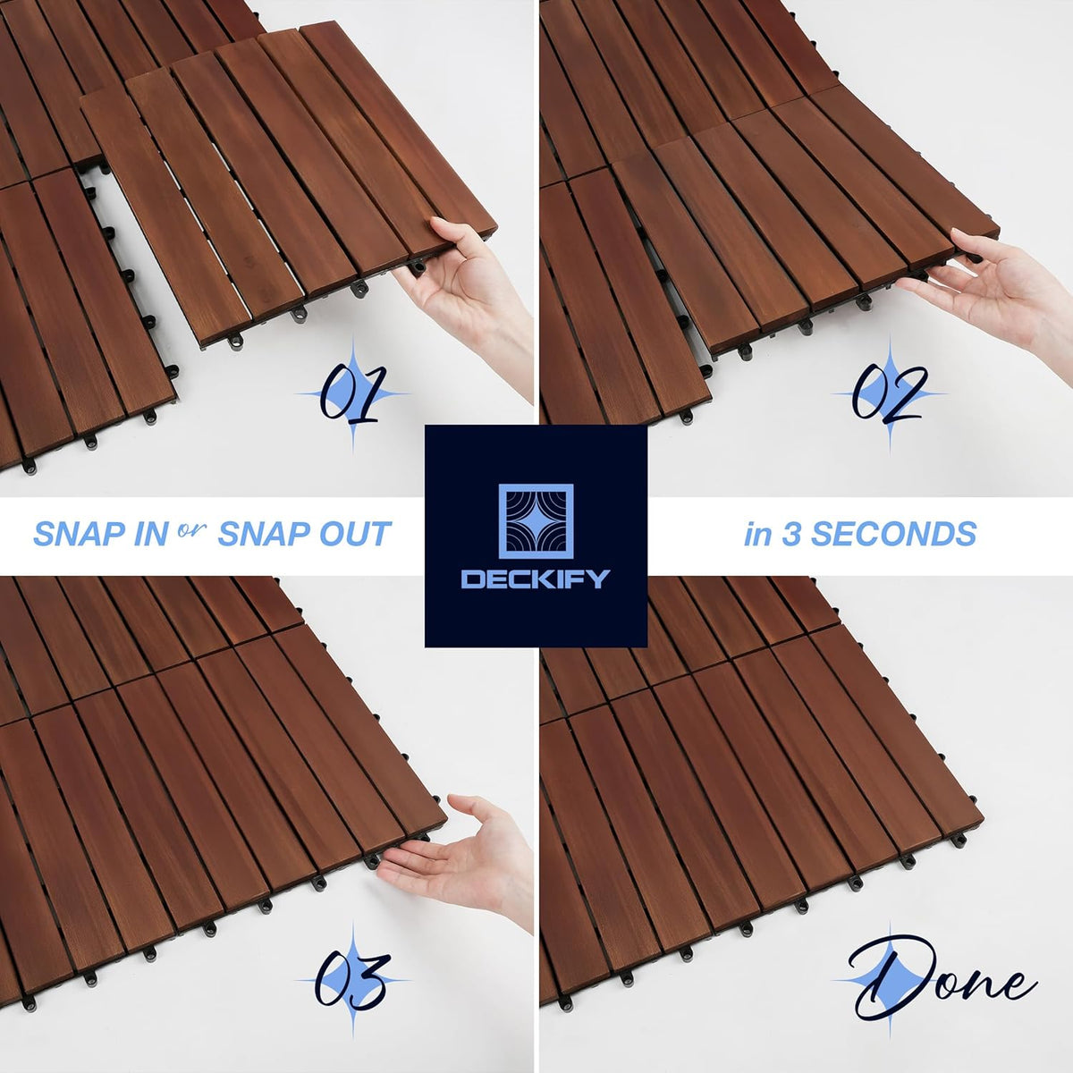 9-Piece Acacia Wood Interlocking Deck Tiles, Dark Brown Striped
