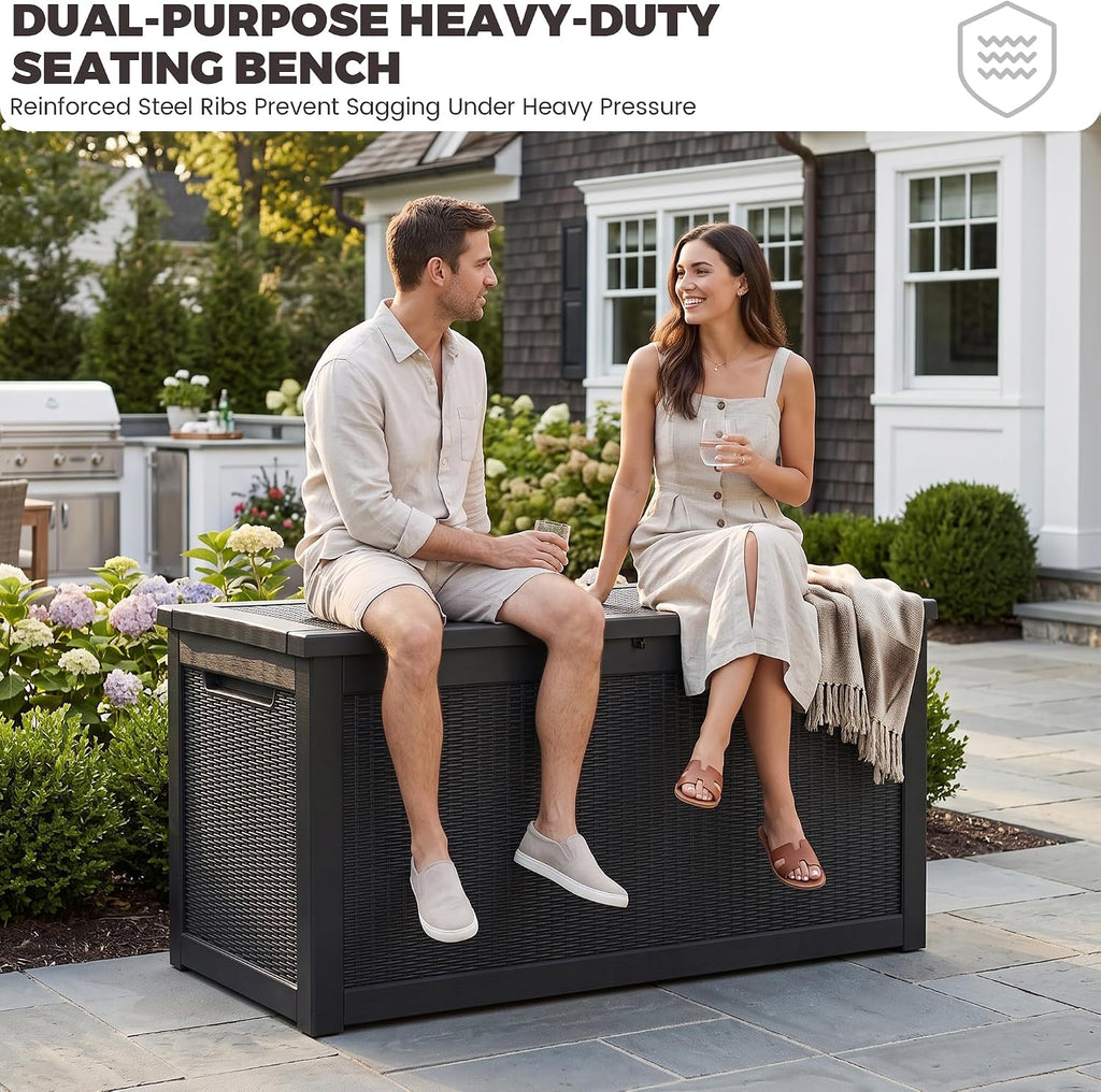 Outdoor Storage Box, 320 Gallon Waterproof Deck Box [Upgraded 3.1], Giant Resin Storage for King Cushions, Lockable Bench Chest, Estate Yard Garden BBQ Gathering, Black