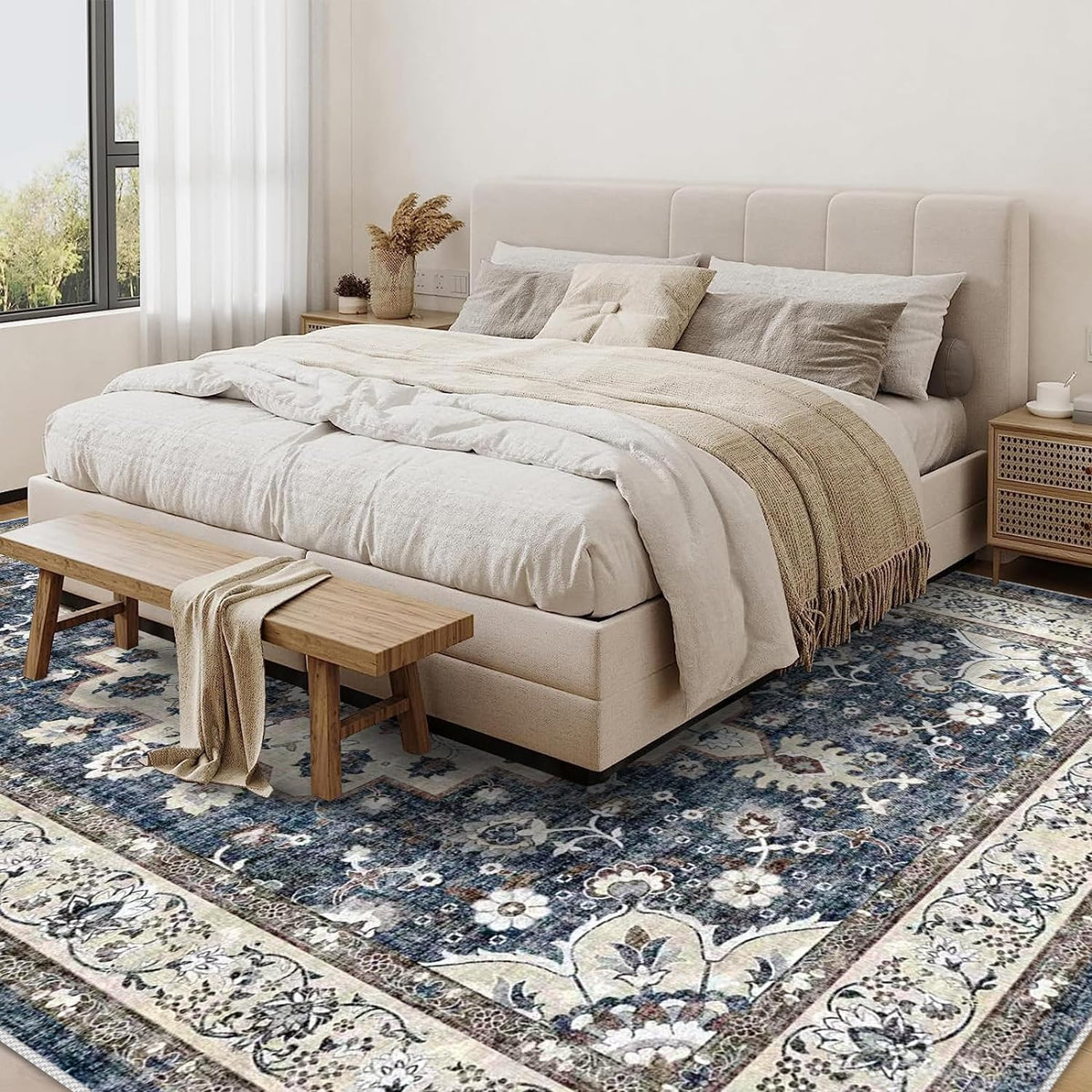 Washable Living Room Area Rug - 9 x 12 Stain Resistant Medallion Soft Bedroom Rugs Distressed Design Non Shedding Carpet for Indoor Outdoor Floor Cover Durable Easy-Clean Low Pile Rug (9x12 Blue)