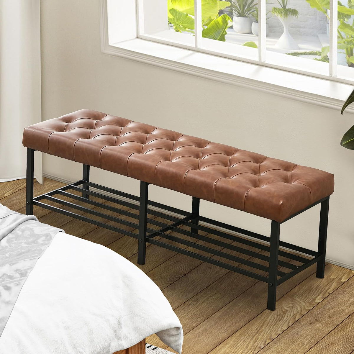 SOFTHION 55.5" End of Bed Bench, Faux Leather Entryway Bench, Brown
