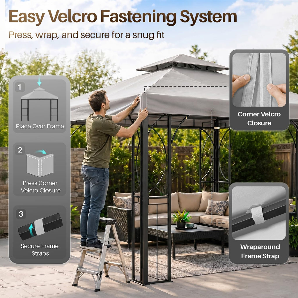 Flexzion Gazebo Cover Replacement Canopy Top 10x10 Ft (3m x 3m) - Double Tier Top Canopy Cover Replacement with UV30+, Dirt, Water Resistant for Outdoor, Sunshade, Garden, Patio, Pavilion (Gray)