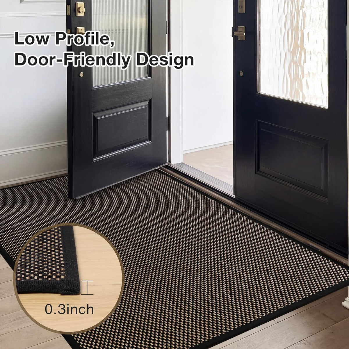 3′ x 5′ Indoor Outdoor Door Mat, Ultra Thin Linen-Look Entryway Rug Black