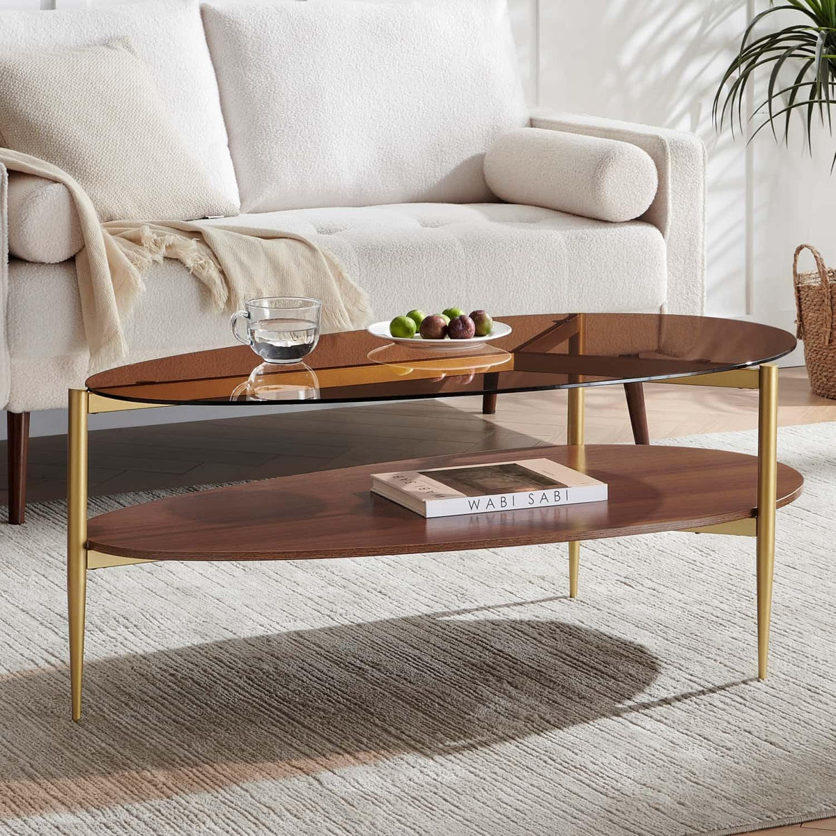 LumFurn Oval Glass Coffee Table, Mid-Century Modern Design, L43 x W21 x H17 inch, for Living Room, 2-Tier Structure, Amber Glass Top, Walnut Finish Wood Shelf & Gold Finish Frame