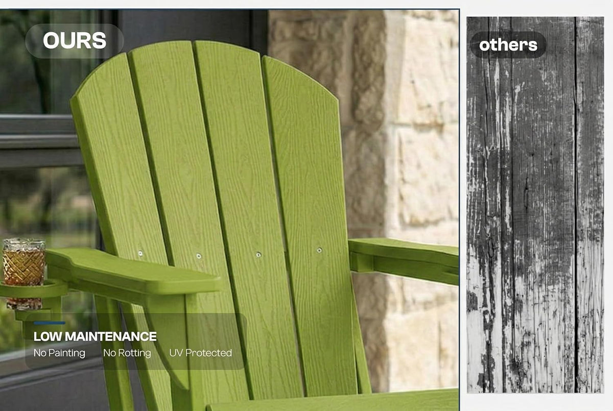 Folding Adirondack Chairs Set of 6 with Cup Holders, Heavy Duty HDPE Plastic Outdoor Chairs, Weather Resistant Heavyweight Patio Furniture Set for Deck, Fire Pit, Backyard, Apple Green
