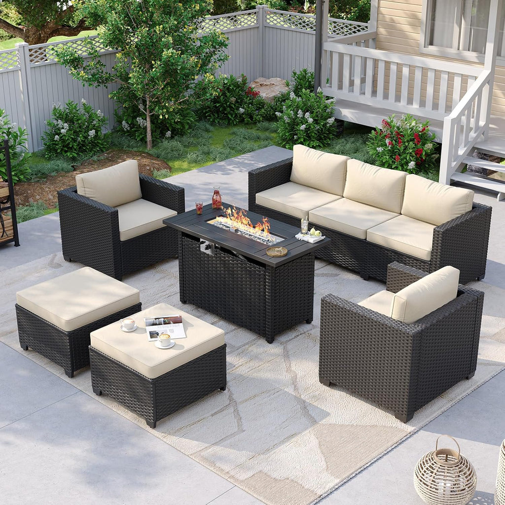 Aoxun Patio Furniture Set with Fire Pit Table, 6 Piece Outdoor Furniture Set with Wicker Ottomans, Rattan Outdoor Patio Sectional Sofas with Thickened Cushion & Waterproof Cover Beige