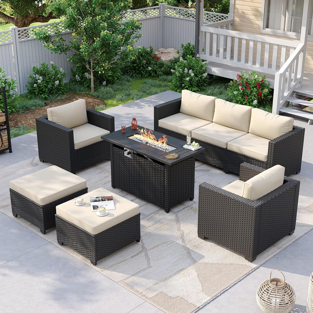 Aoxun Patio Furniture Set with Fire Pit Table, 6 Piece Outdoor Furniture Set with Wicker Ottomans, Rattan Outdoor Patio Sectional Sofas with Thickened Cushion & Waterproof Cover Beige