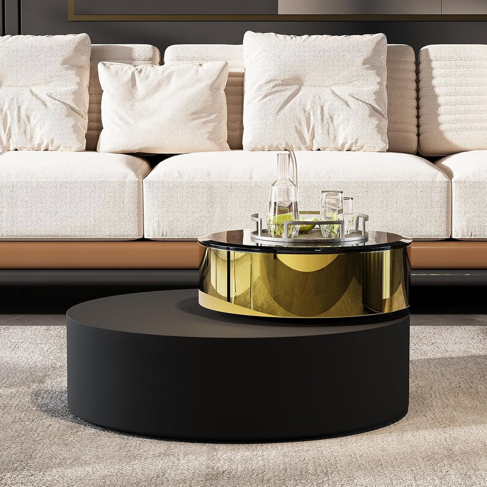 Asday Black Gold Round Swivel Coffee Table, 2 Tiers Rotating Center Table
