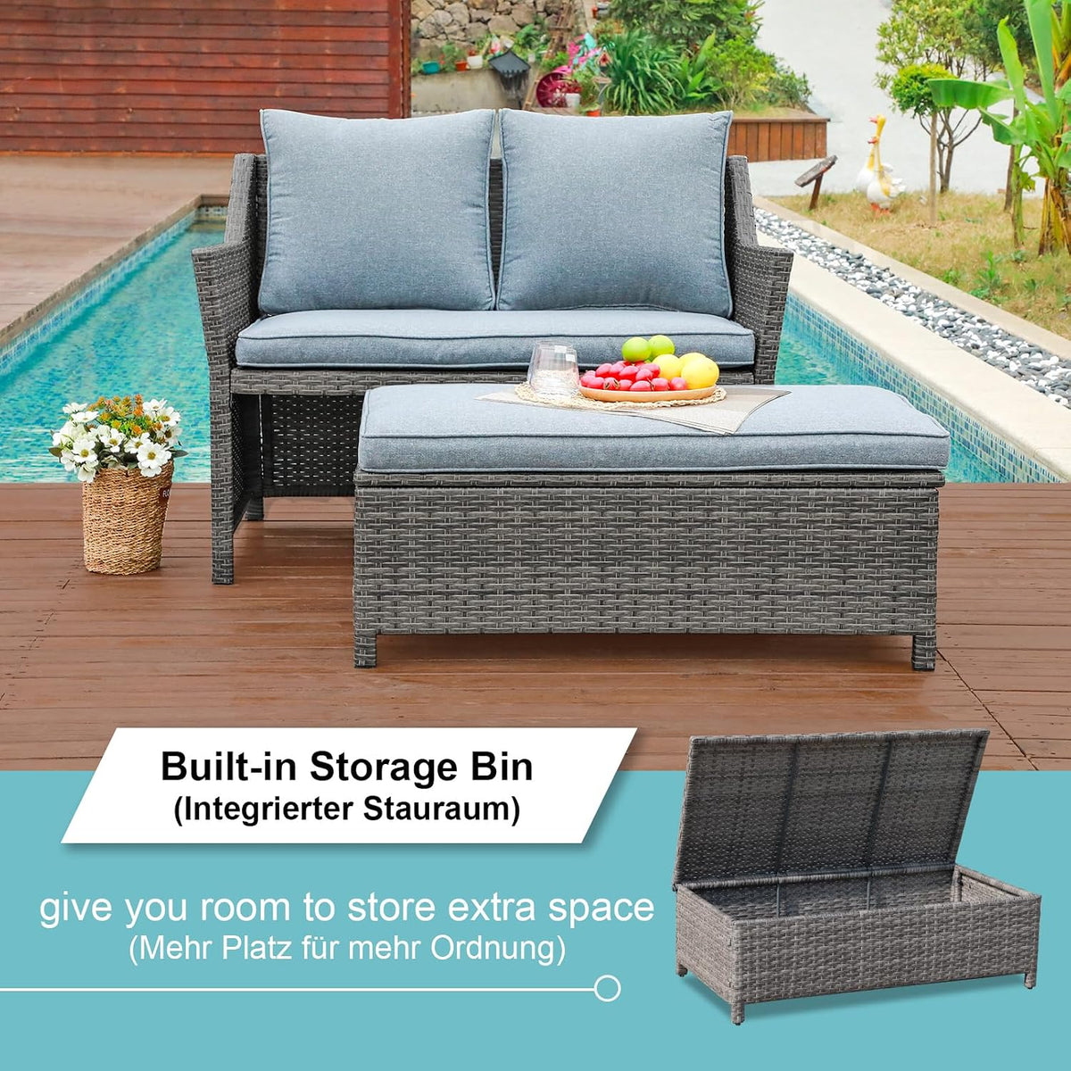 OC Orange-Casual Wicker Patio Loveseat Sofa w/Storage Ottoman, 2 Pcs, Gray
