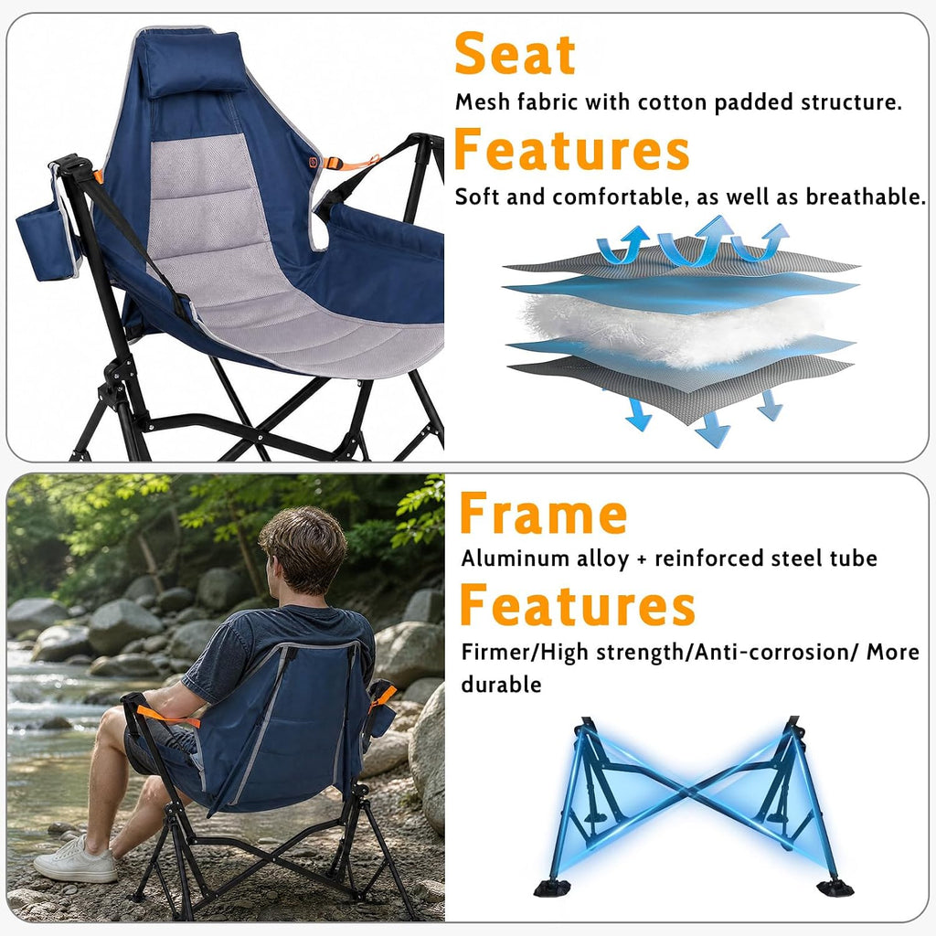 Romswi 1 Pcs Hammock Chair, Oversized Portable Folding Swinging Chair with Adjustable Back & Seat, Supports 440lbs for Outdoor, Patio, Lightweight Camp Chair Blue(Without footrest)