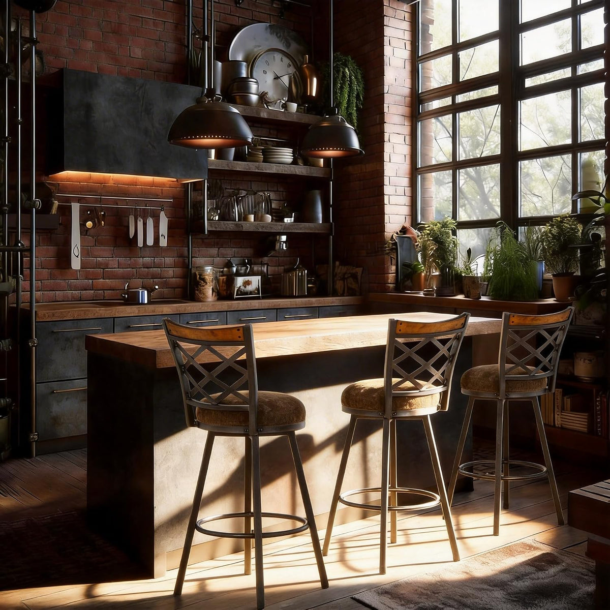 Set of 4 Farmhouse Swivel Bar Stools with Backs, Adjustable 25"/30" Counter & Bar Height Chairs, Industrial Antique Brass Metal, Fabric & Wood for Kitchen Island, Pub