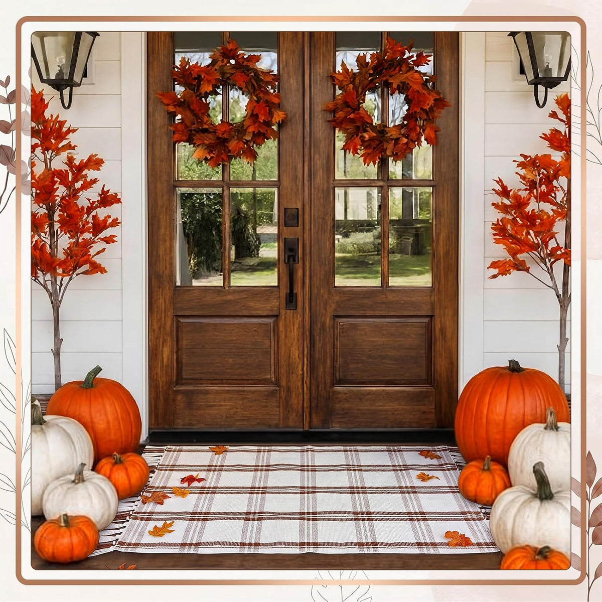 Breling Fall Outdoor Rug 28" x 43" Beige Plaid Door Mat with Tassels