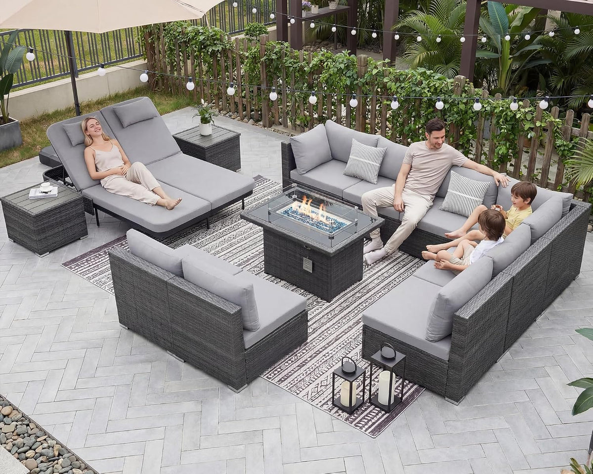 NICESOUL 13 Piece Outdoor Sectional w/Fire Pit Table, Luxury Modular Patio Furniture Set w/Chaise Lounge, Plus 29.3'' High-Back Seating Sofa, All-Weather Deck Couch for Poolside, Yard, Light Grey