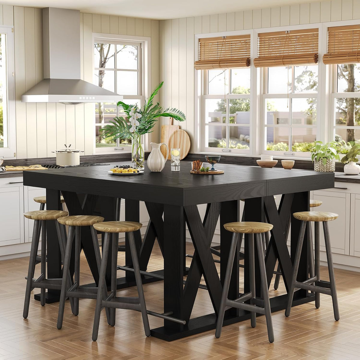LITTLE TREE 63" Bar Table, Pub Table with Metal Footrest (Black,1)