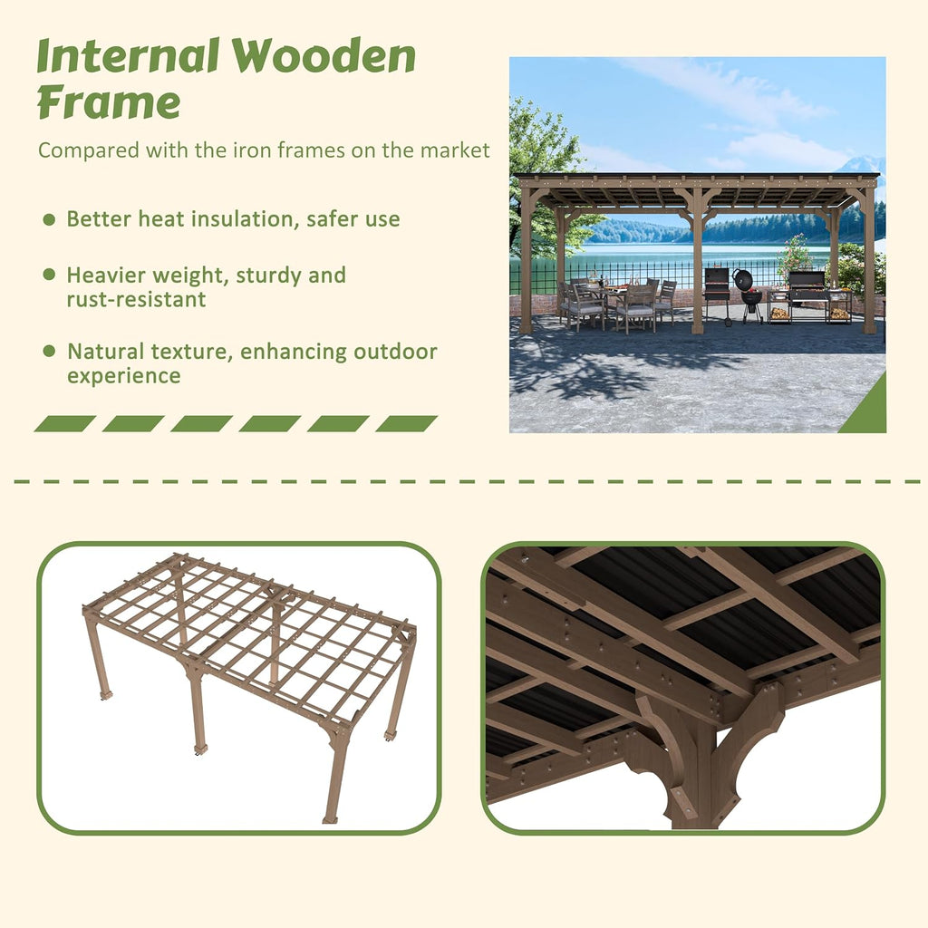 VEIKOU 10'x20' Outdoor Patio Gazebo with 5.5" Width Wood Posts, BBQ Backyard Shelter, Grill Gazebo with Sloping Steel Roof Design & Cedar Frame for Barbecue, Garden, Deck, Light Mocha Brown