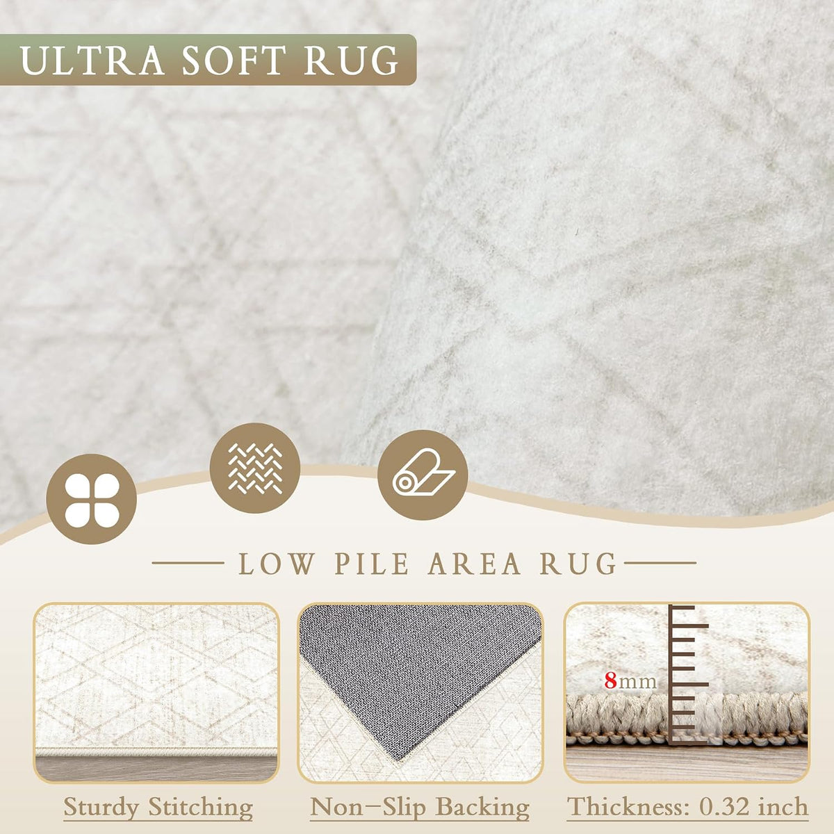 Area Rugs 8x10 Living Room Rug: Washable Geometric Neutral Rugs Boho Modern Non Slip Area Rug Large Soft Indoor Floor Low Pile Carpet for Bedroom Dining Room Home Office (Beige, 8'x10')