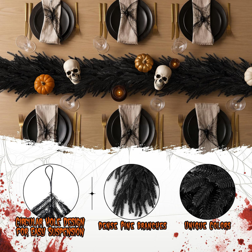 N&T NIETING 9FT Black Garland Artificial Norfolk Pine Garland Real Touch Halloween Garlands Faux Garland for Table Mantle Holiday Fireplace Indoor Outdoor Christmas Gothic Stairs Decorations