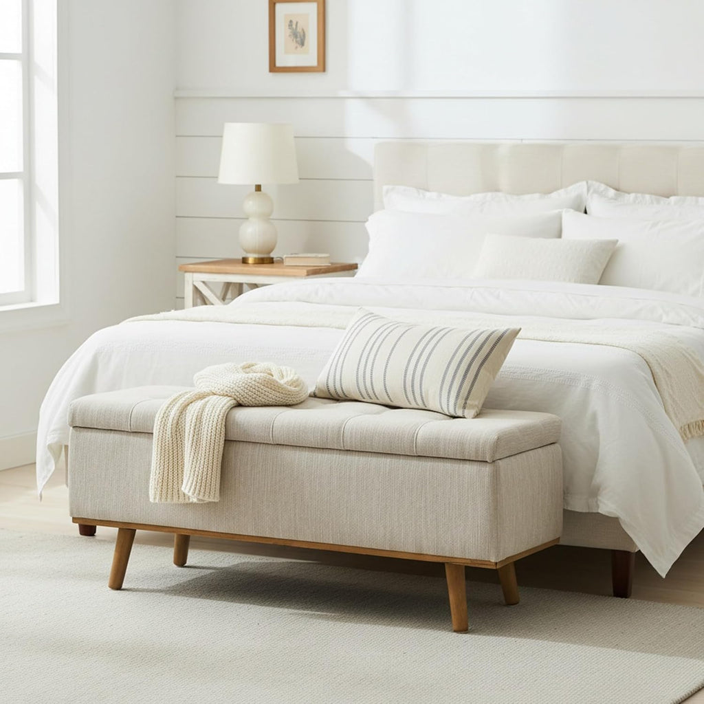 Storage Ottoman Bench, 45" End of Bed Bench, Beige