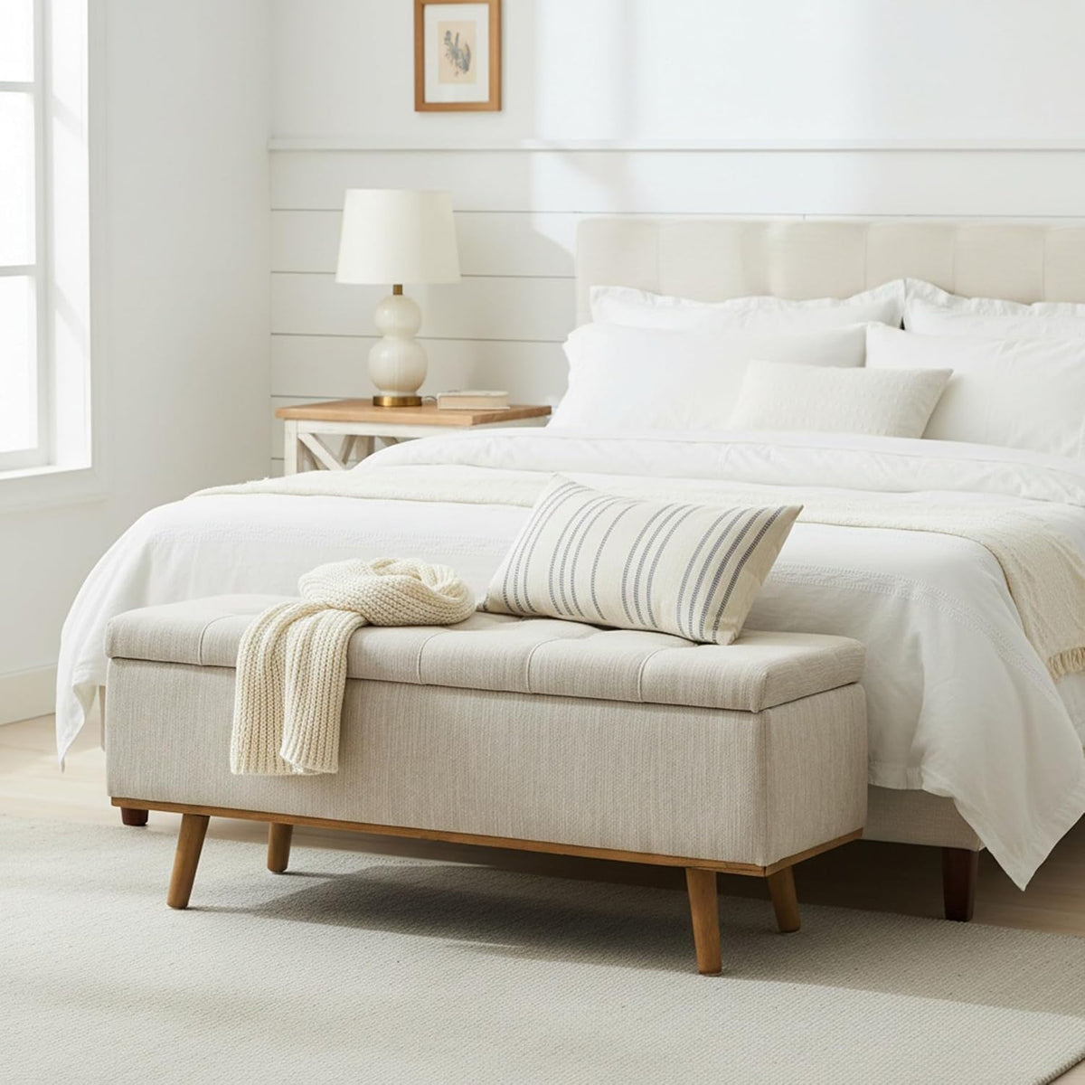 Storage Ottoman Bench, 45" End of Bed Bench, Beige