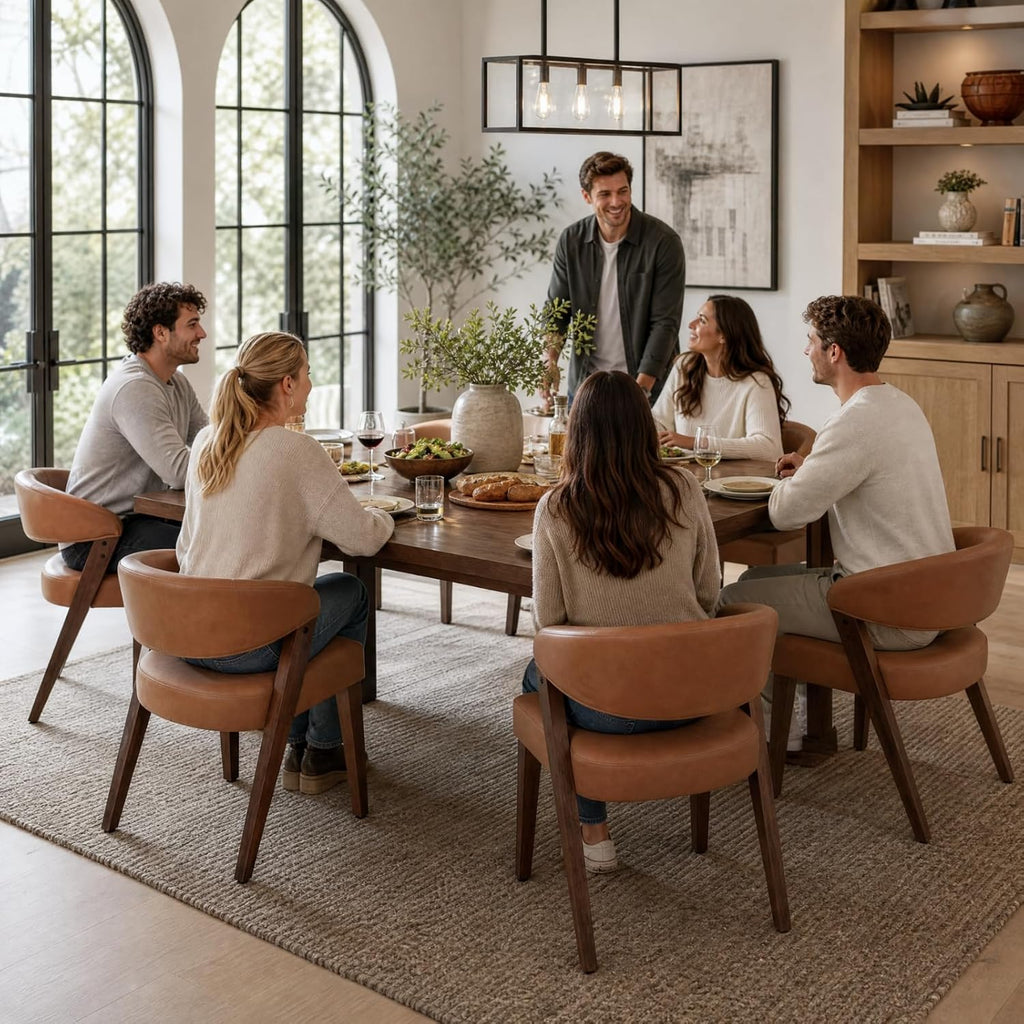CIMOTA Modern Dining Chairs with Arms Set of 6, PU Brown, Walnut Wood