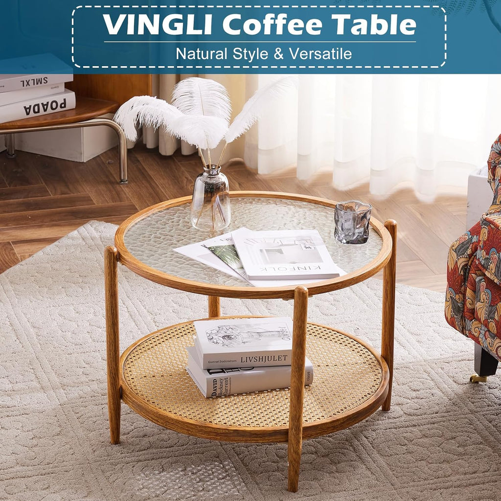 VINGLI 25.6" Round Glass Coffee Table, Rattan Coffee Table, Natural Vibe
