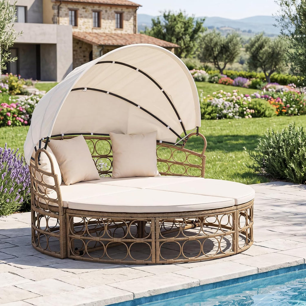 Tangkula Round Outdoor Patio Daybed with Retractable Canopy & Cushions