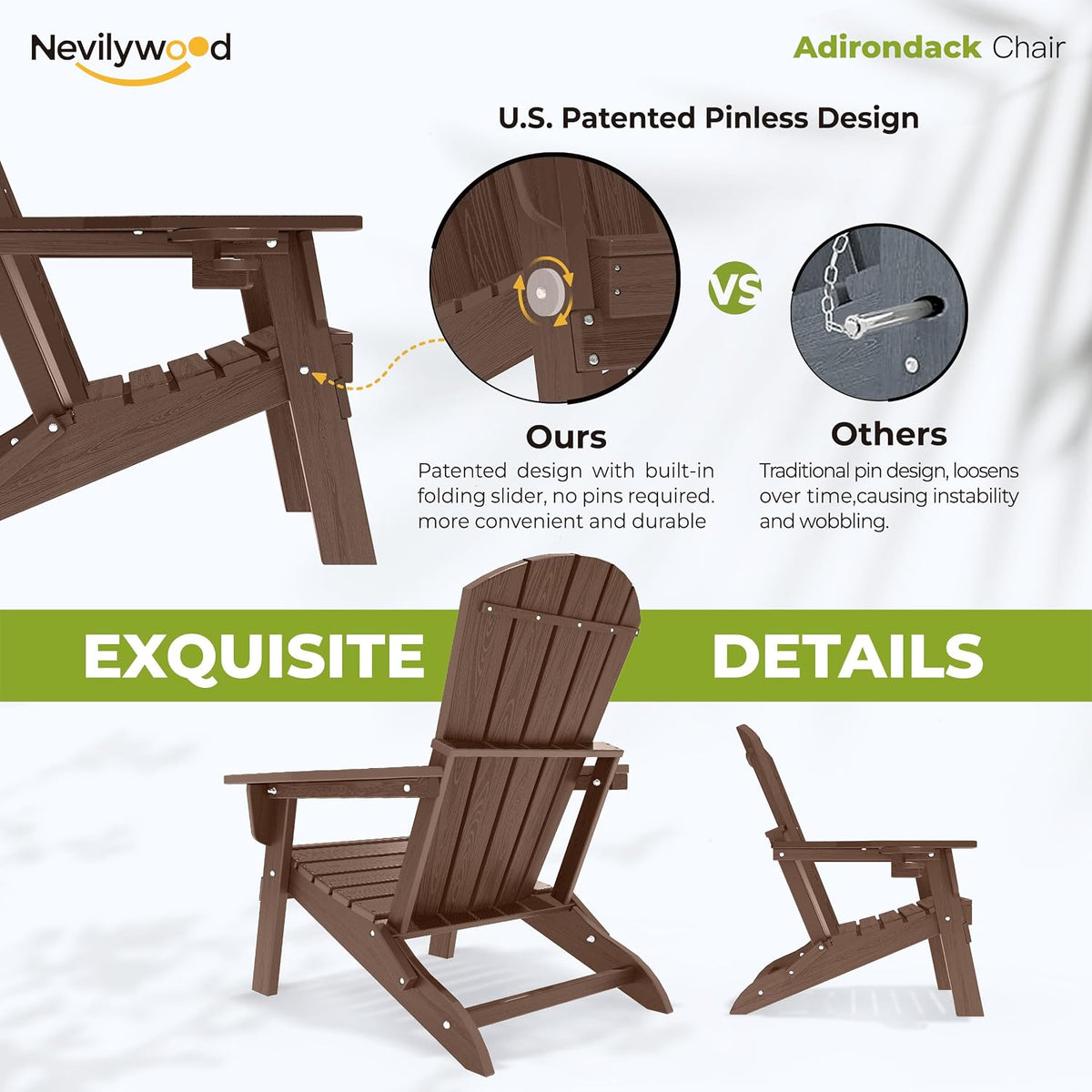 nevilywood Folding Adirondack Chairs Set of 2, HDPE Cup Holders, Coffee
