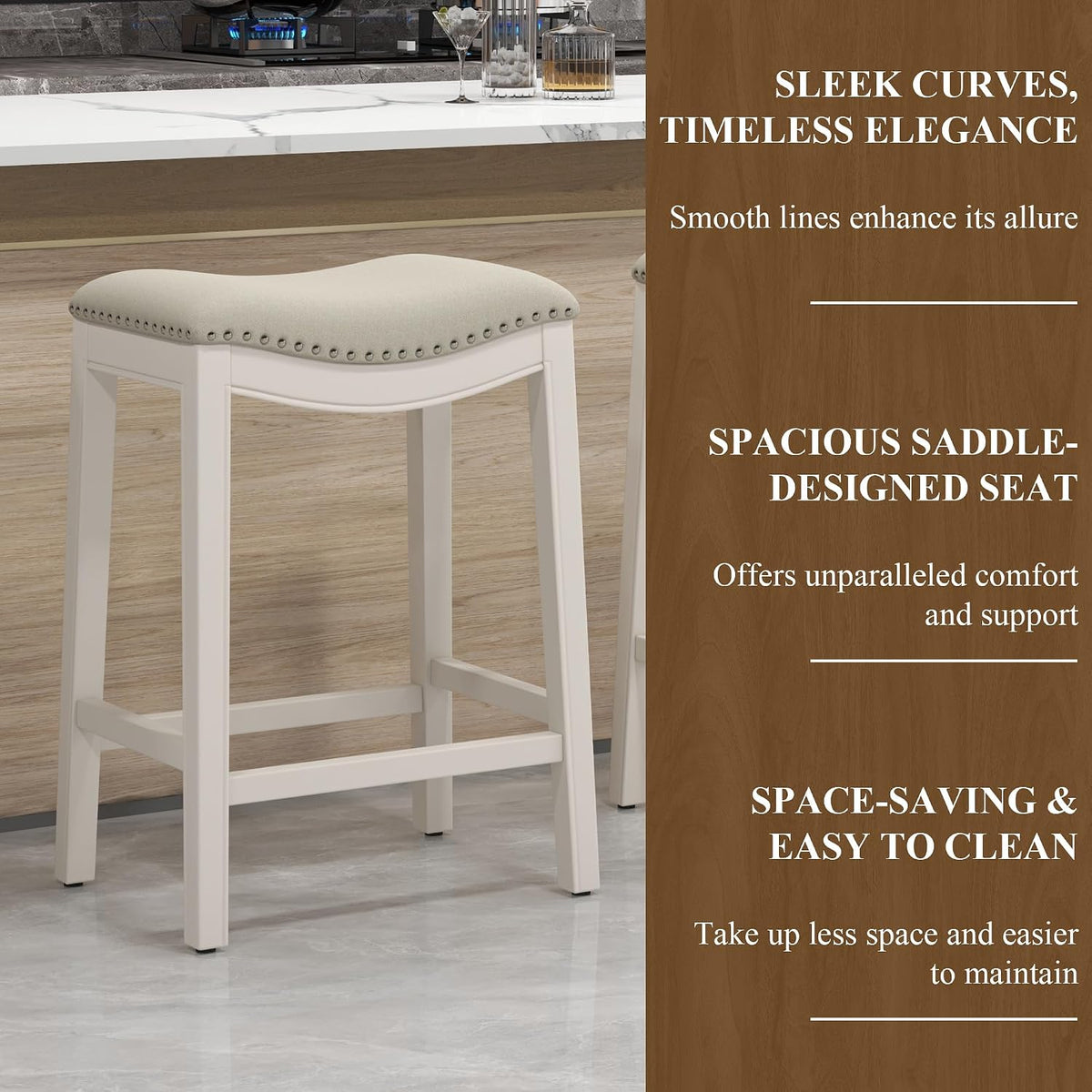 27" Backless Saddle Counter Stools Set of 4, Hand-brushed Wood Finish Legs