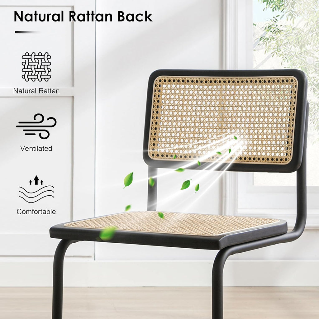 Flouki Rattan Dining Chairs Set of 4, Boho Accent Chairs for Kitchen Room with Natural Cane Mesh, Mid Century Cantilever Design, Solid Rubber Wood