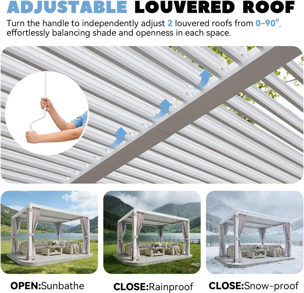 MELLCOM 10x12 Louvered Pergola Adjustable Roof w/Curtains & Mesh