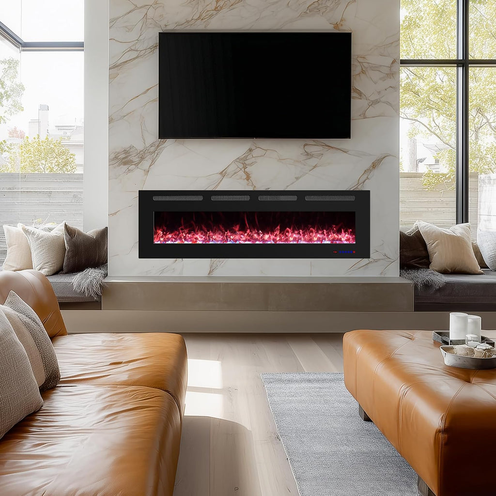 72" Ultra-Thin Electric Fireplace, Recessed/Wall, WiFi App, Black