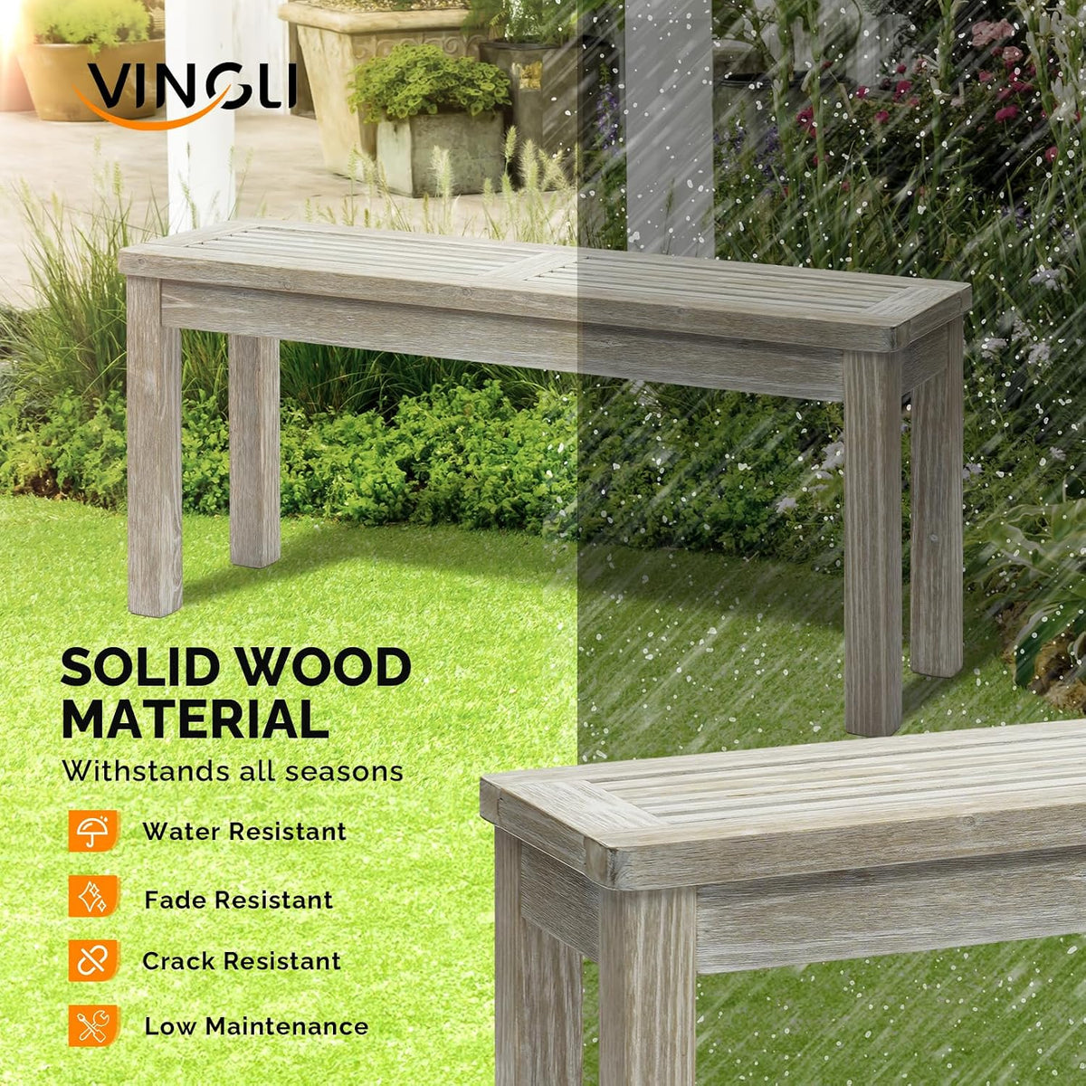 VINGLI Outdoor Wooden Bench, 40” Porch Bench Outdoor Backless Garden Bench, Small Outdoor Bench for Deck Patio Entryway (Grey, 40in)