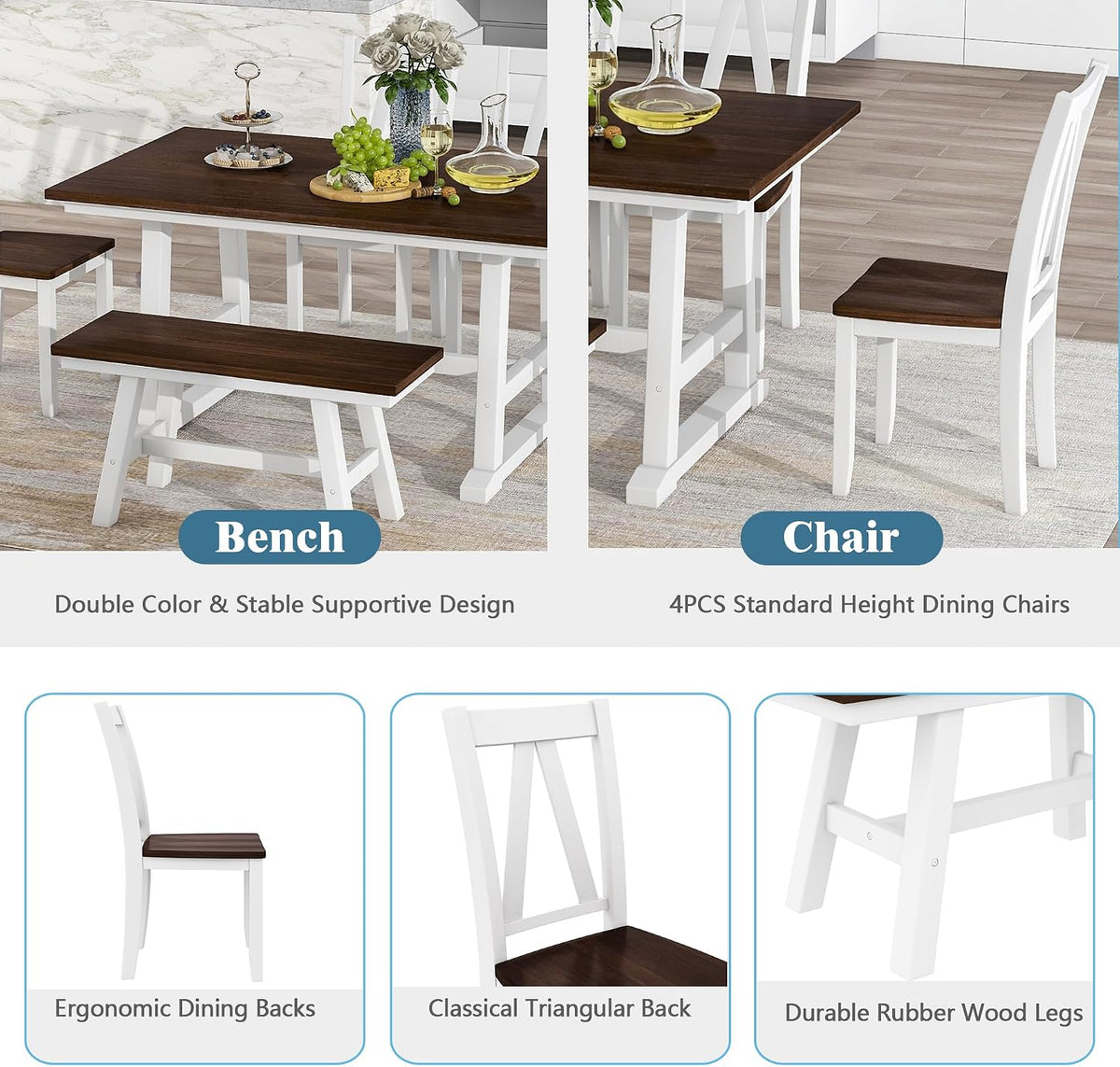 Harper & Bright Designs 6-Piece Dining Set, Farmhouse Style Wood Dining Table and 4 Dining Chairs & Long Bench, Kitchen Table Set, Walnut+White