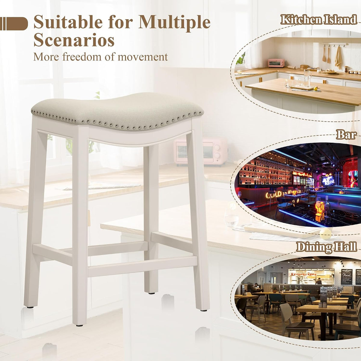 27" Backless Saddle Counter Stools Set of 4, Hand-brushed Wood Finish Legs