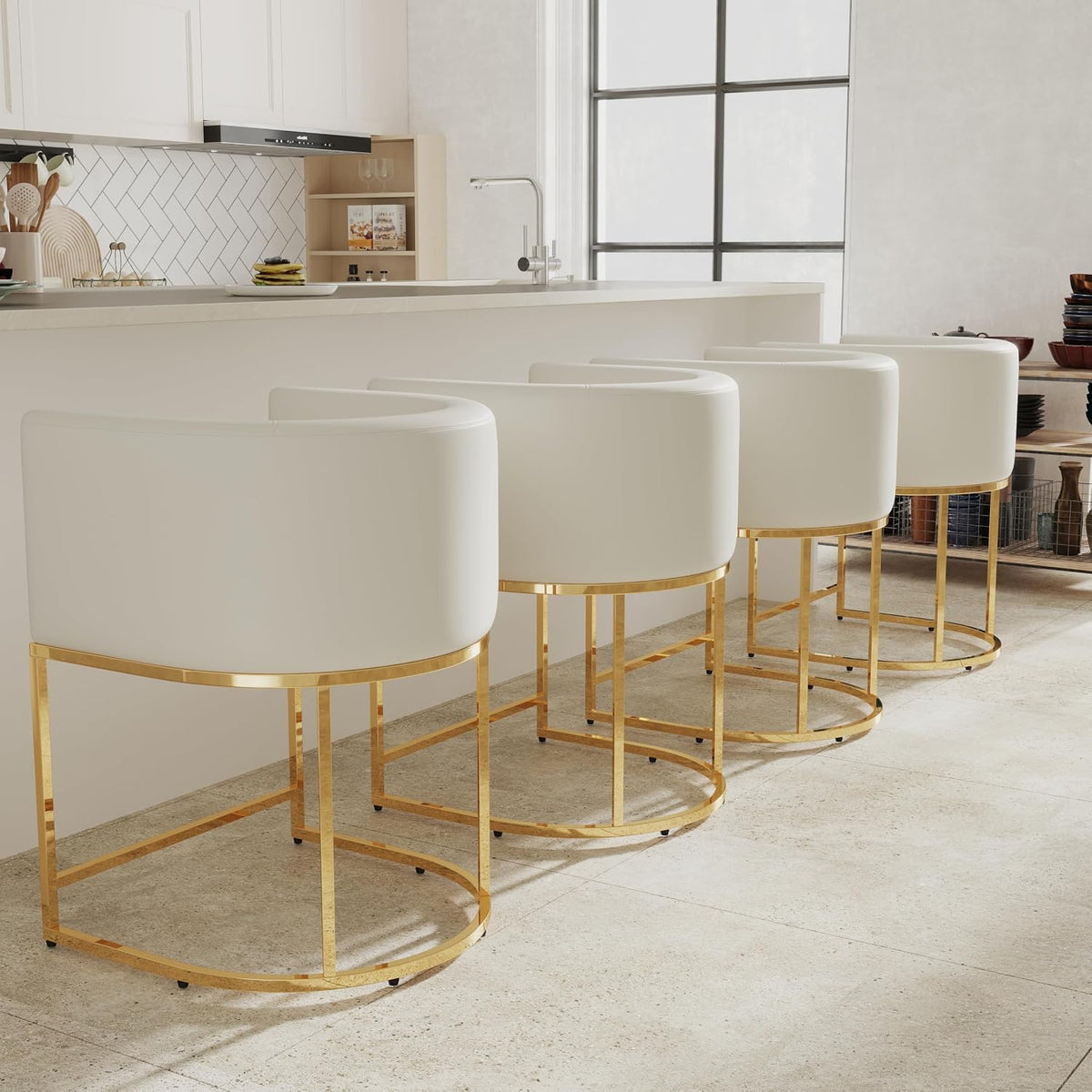 RIVOVA PU Leather Bar Stools Set of 4, Modern Upholstered Counter Height Bar stools 24" Leather Barstools Barrel Kitchen Counter Island Stools with Golden Metal Base, White