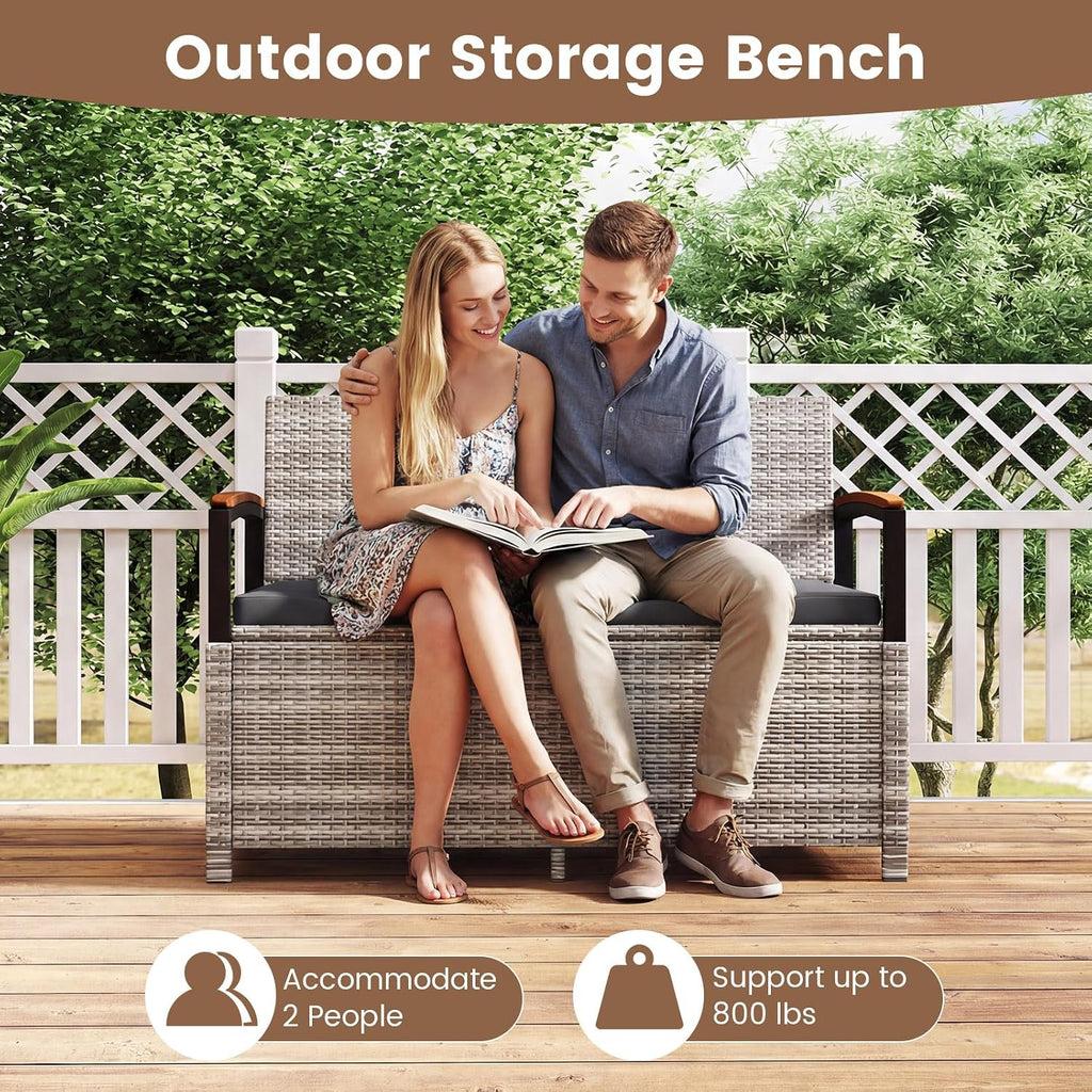 RELAX4LIFE Wicker Outdoor Storage Bench, Rattan Deck Box