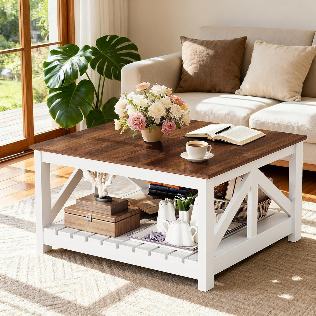 YESHOMY 31.5" Square Farmhouse Coffee Table with Storage, Brown and White