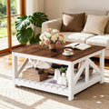 YESHOMY 31.5" Square Farmhouse Coffee Table with Storage, Brown and White