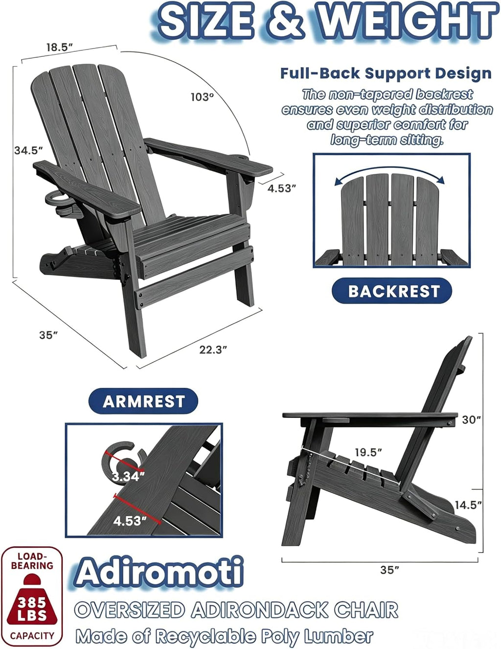 folding adirondack chairs with cup holder, adjustable reclining, close-up detail
