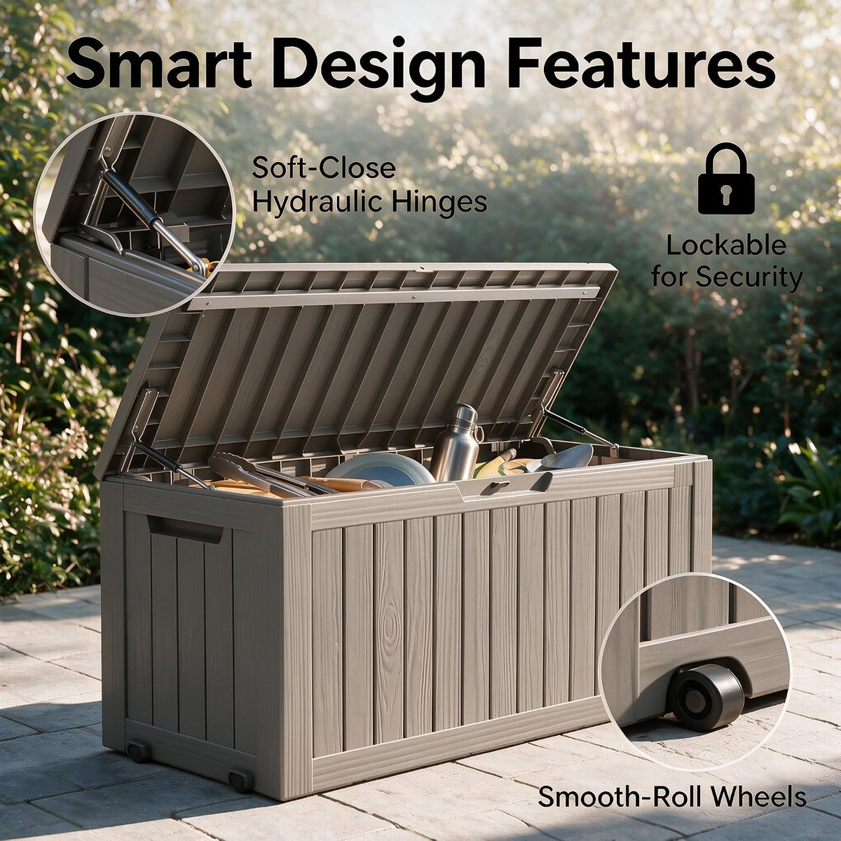 91 Gal Deck Box,Waterproof Resin Outdoor Storage Gas Lift,Lockable Grey