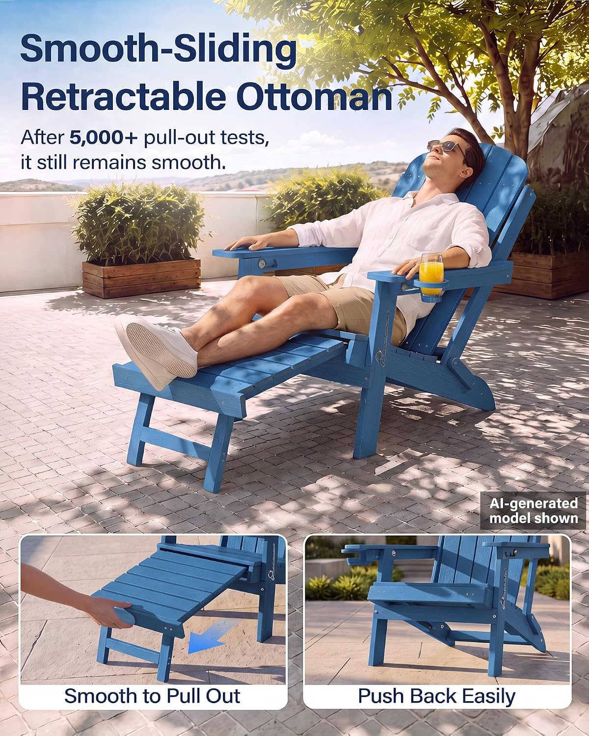 YEFU Adirondack Chairs with Footrest Set of 4, HDPE Adirondack Chair, Blue