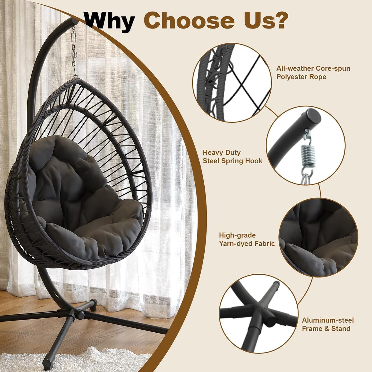 hanging egg chair with stand, foldable swing hammock showing dimensions