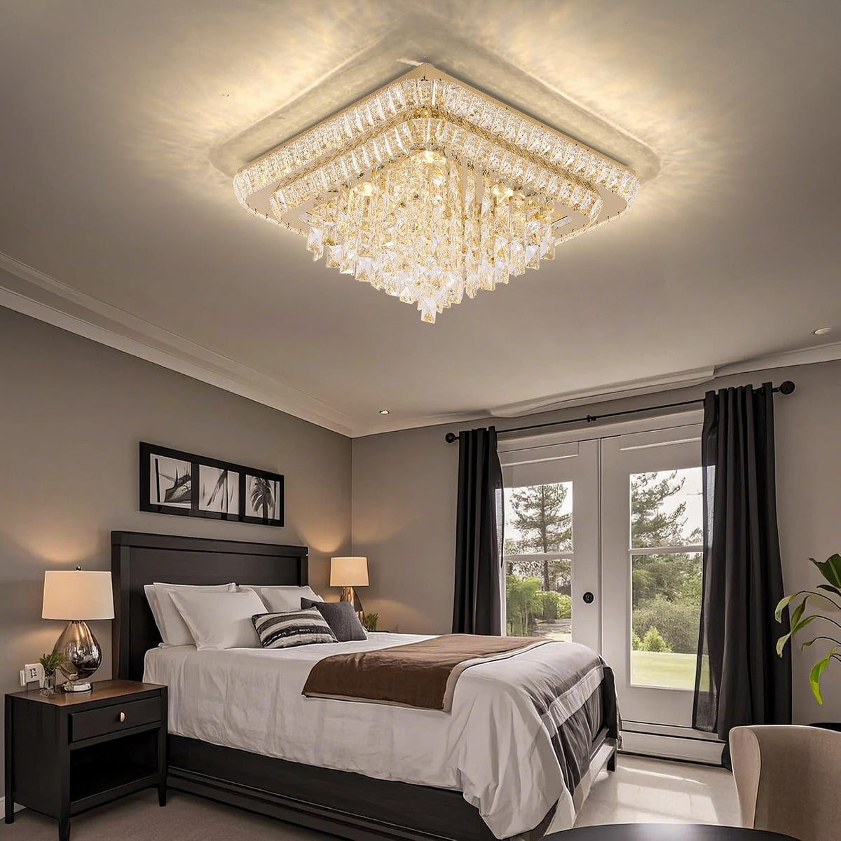 Miuyhji Elegant Crystal Raindrop Ceiling Light Gold Flush Mount Chandelier