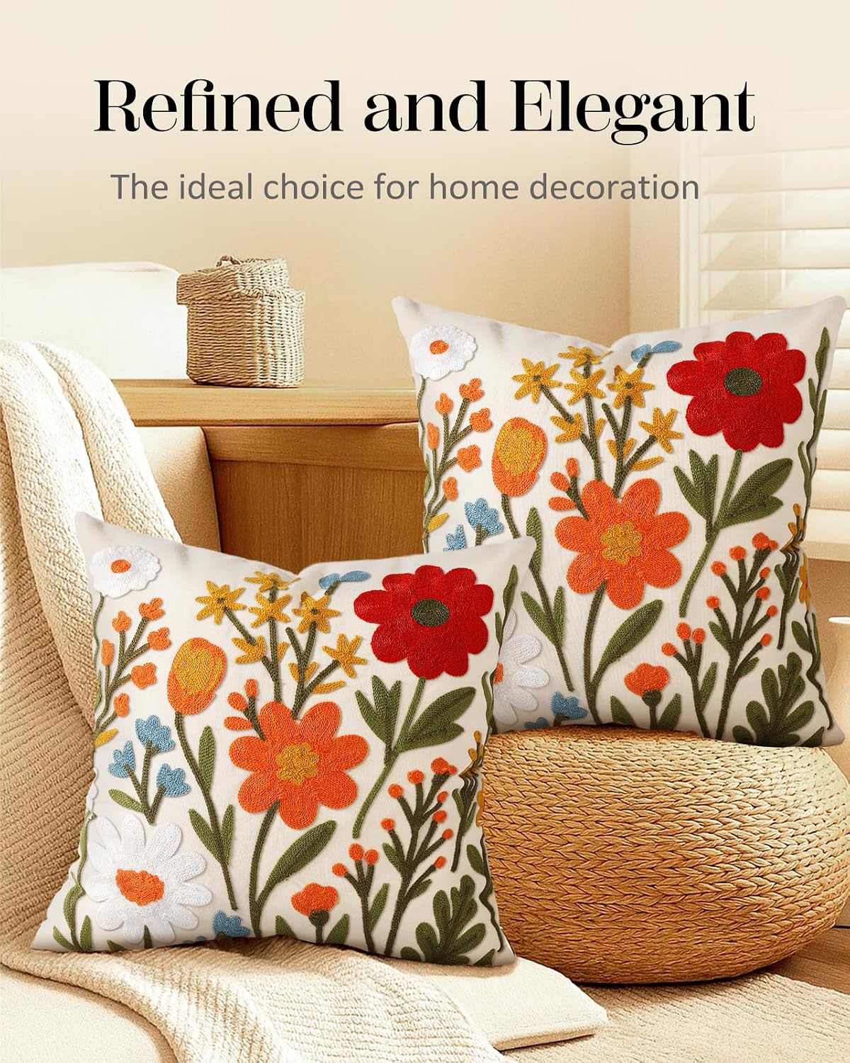 embroidered throw pillow covers 18x18 inch, 2pack, flower showing dimensions