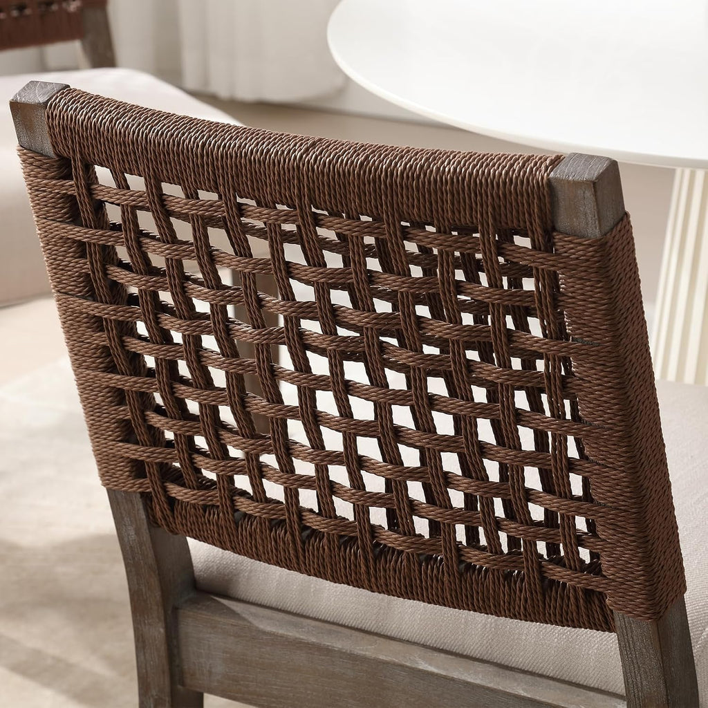 LZAREAL Farmhouse Dining Chairs Set of 4 Linen Fabric Upholstered Accent Side Chair, Mid Century Modern Kitchen & Dining Room Chairs with Woven Rope Back for Home, Living Room, Bedroom - Beige