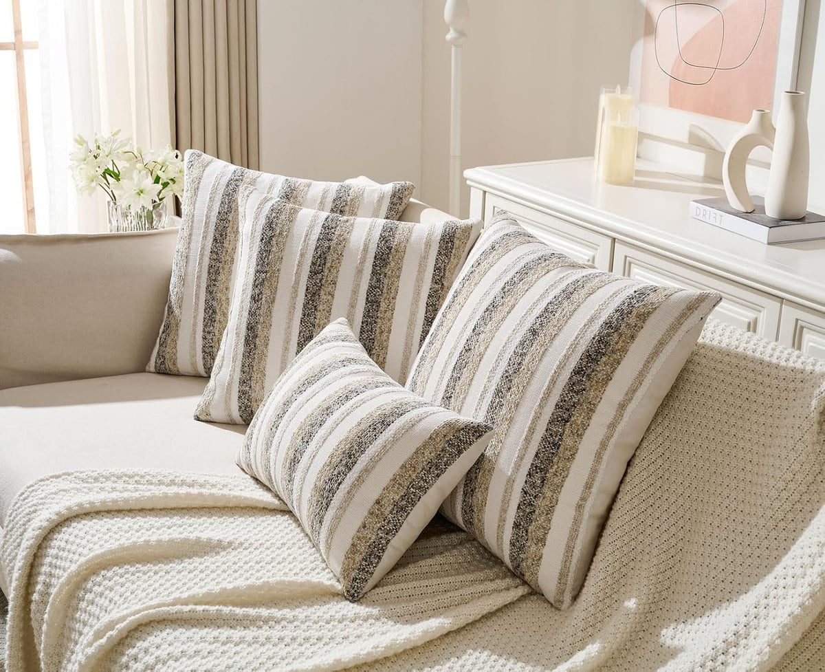 Zealax Modern Farmhouse Decorative Pillow Covers 20x20 Inch Boho Throw Pillows Neutral Soft Chenille Couch Cushion Covers, Set of 2 Velvet Striped Accent Pillows Cases for Sofa Bed Living Room, Beige