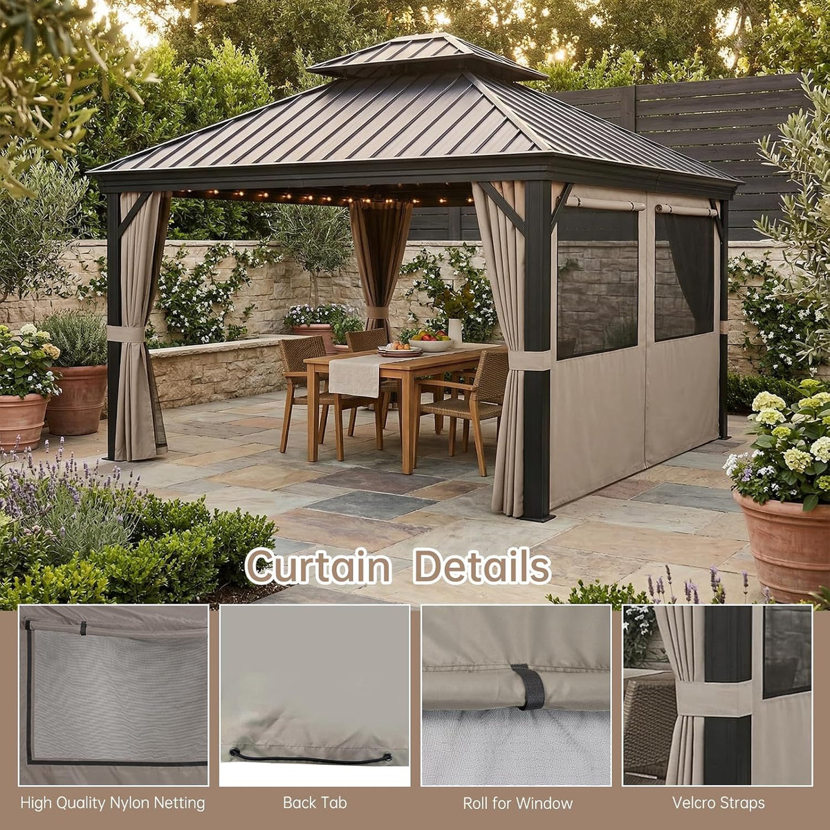 10x12 Gazebo Curtains Outdoor Waterproof, 4 Privacy Side Panels(Brown)
