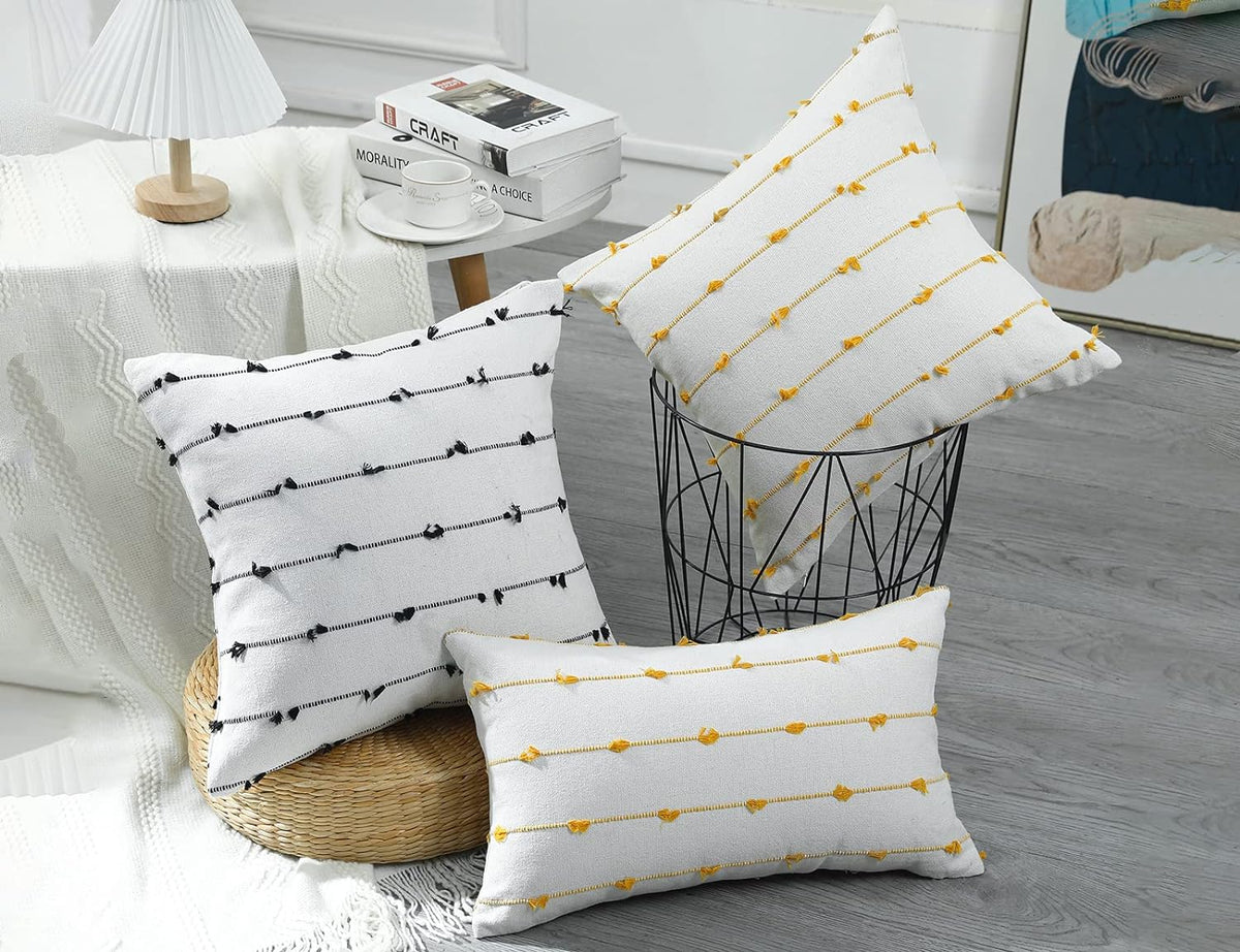 NUYECY Set of 2 Boho Throw Pillow Covers 30x30,Black Off White Neutral Couch Pillow Case with Tassel Fringe Decorative，Modern Accent Farmhouse Cushion Covers for Sofa Couch Bed Living Room