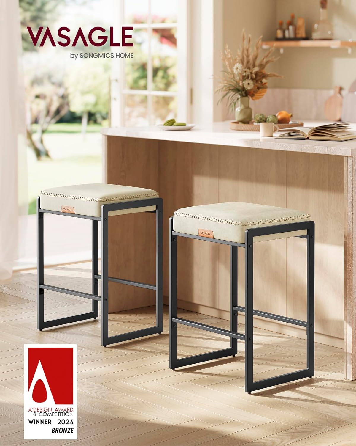 VASAGLE Bar Stools Set of 2, Counter Height, PU Leather, 26-Inch